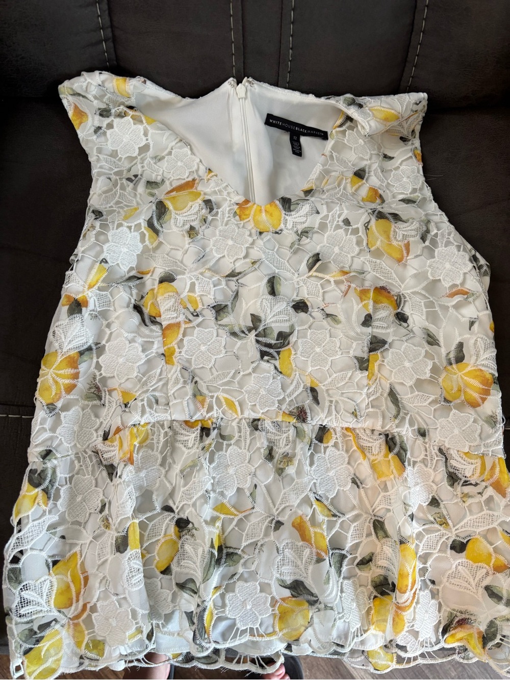 White House Black Market White Lace Peplum Top with Yellow Floral Accents